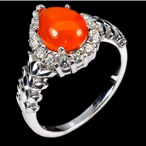 Natural Orange Opal & Cz 925 Sterling Silver Jewelry Ring Sz 6.5 - Picture 3 of 3
